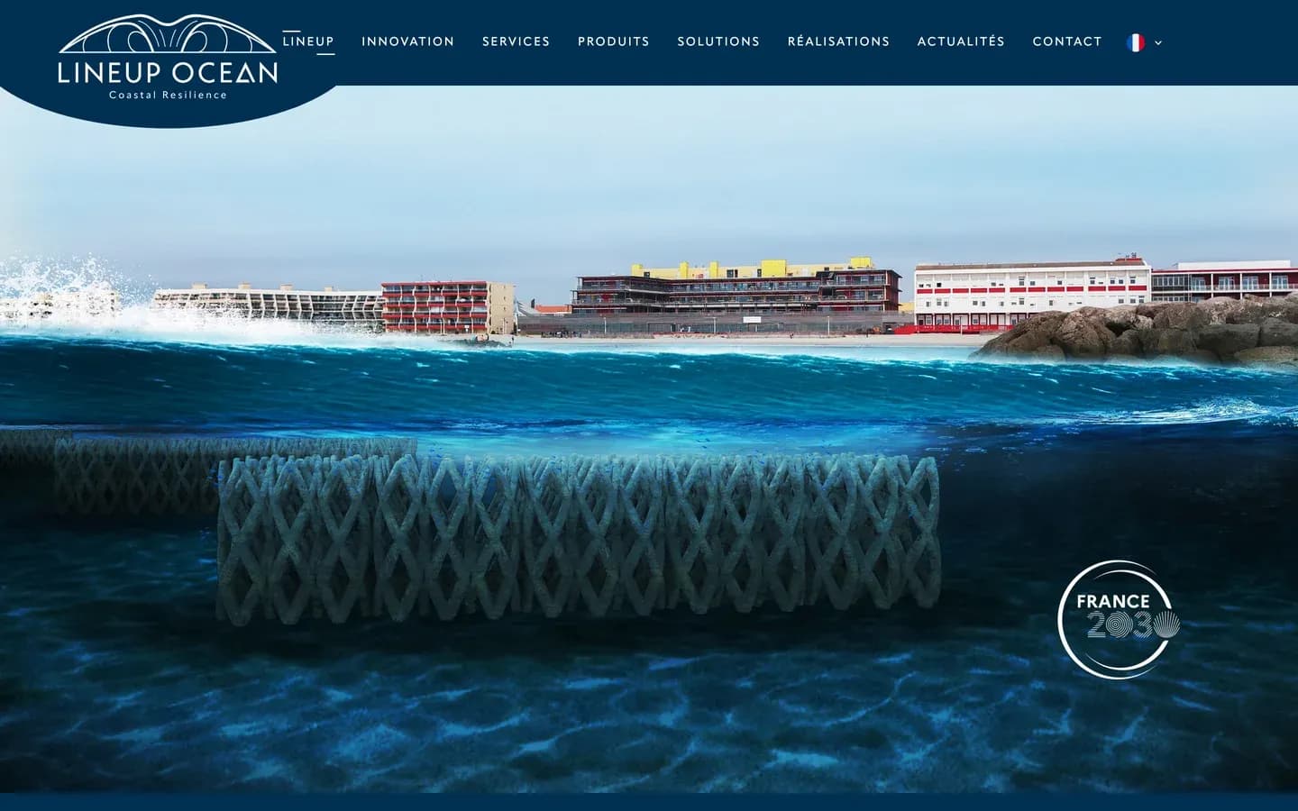 Lineup Ocean home page on a computer: a coastal protection structure under water