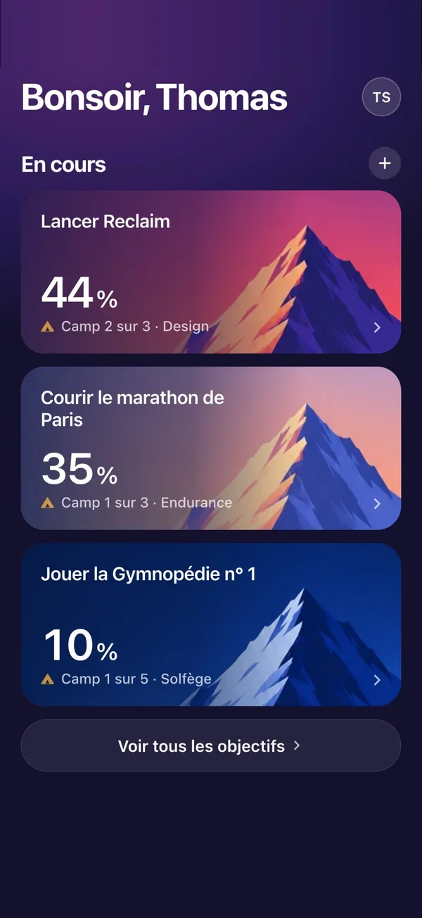 Reclaim home screen: three goals in progress, including “Launch Reclaim” at 44%
